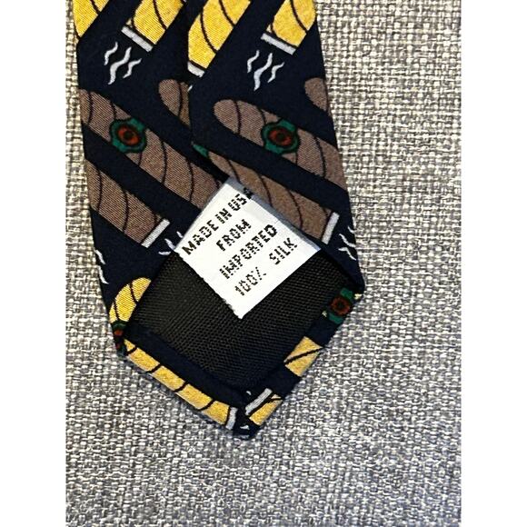 Vicky Davis Light Up Cigar Navy Blue 100% Silk Yellow Brown 4" Tie Neck - Picture 4 of 7